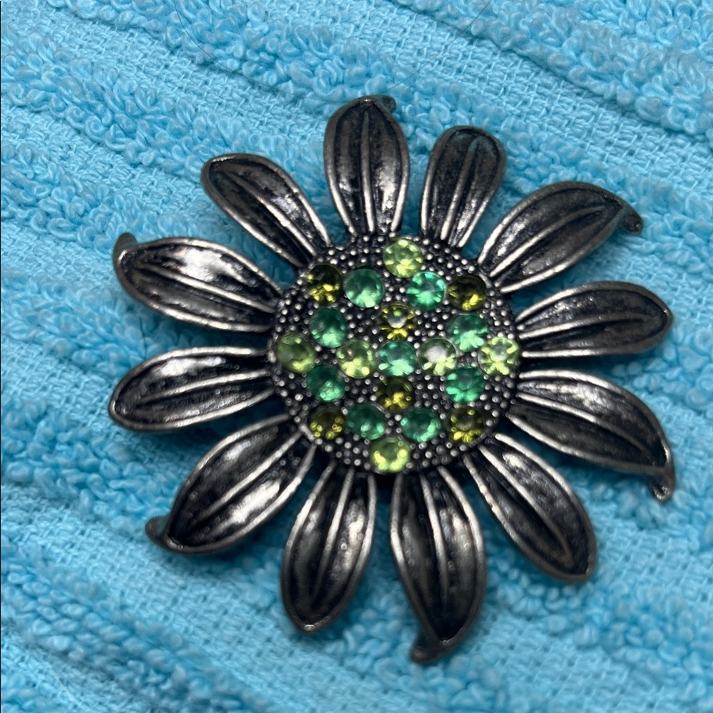 Silver Flower Brooch with Green Accents